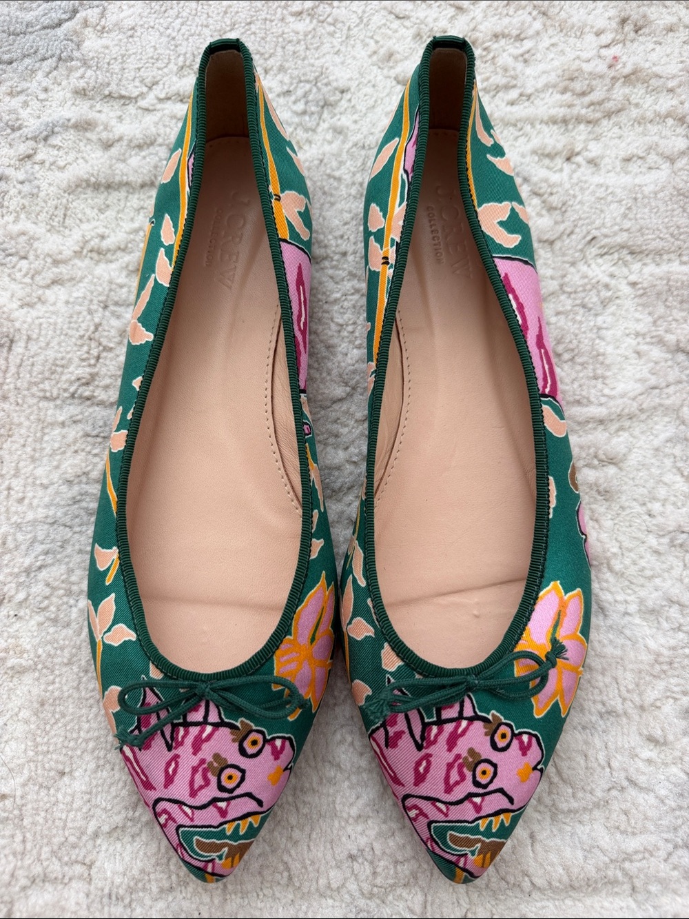 J.Crew Collection Floral Pointed Toe Ballet Flats - Green/Pink
